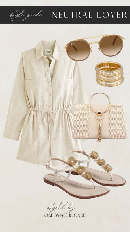 Spring outfit inspo for the neutral girls 🤍 linen romper, brown ray ban sunglasses, Amazon bag, sandals and gold stacked bracelets 

#LTKtravel #LTKstyletip #LTKSeasonal