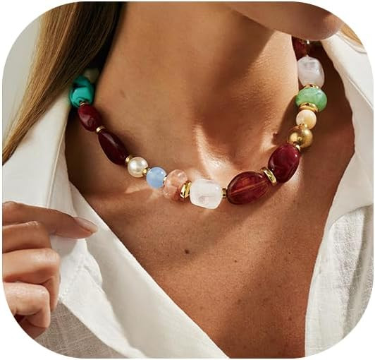 Chunky Acrylic Beaded Necklace for Women Colorful Acrylic Beaded Choker Round Beads Statement Nec... | Amazon (US)