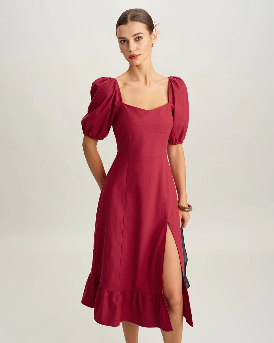 Red Square Neck Shirred Midi Dress | rihoas.com