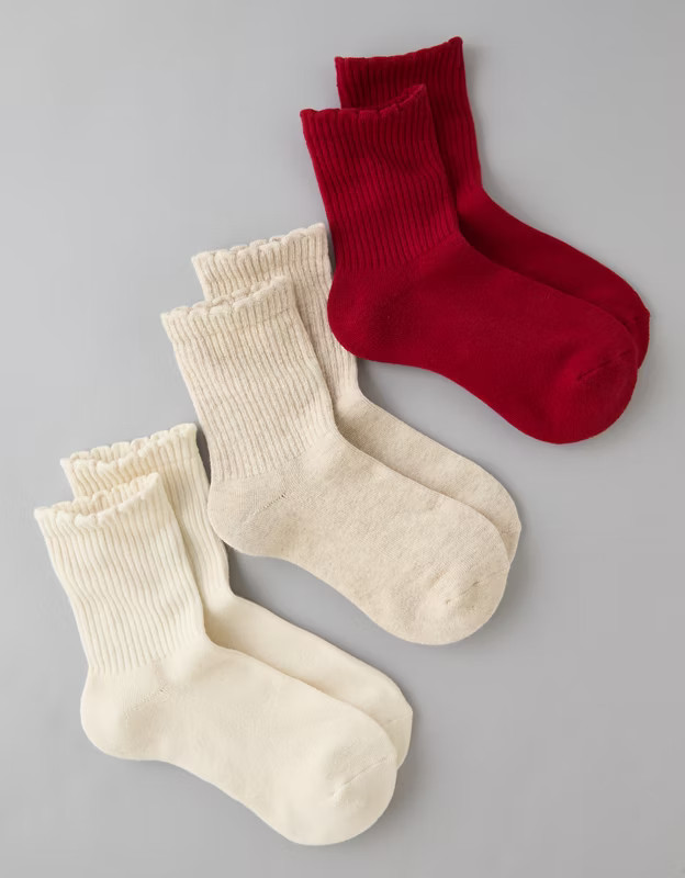AE Scalloped Cropped Crew Socks 3-Pack | American Eagle Outfitters (US & CA)