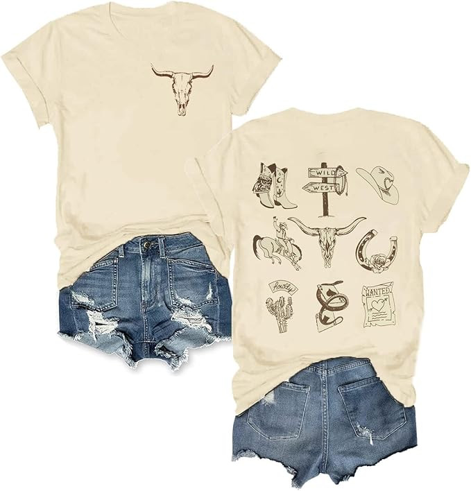 Boho Cow Skull Shirt Women Cowgirl t Shirt Vintage Western Rodeo Graphic Tee Short Sleeve Bull Sk... | Amazon (US)