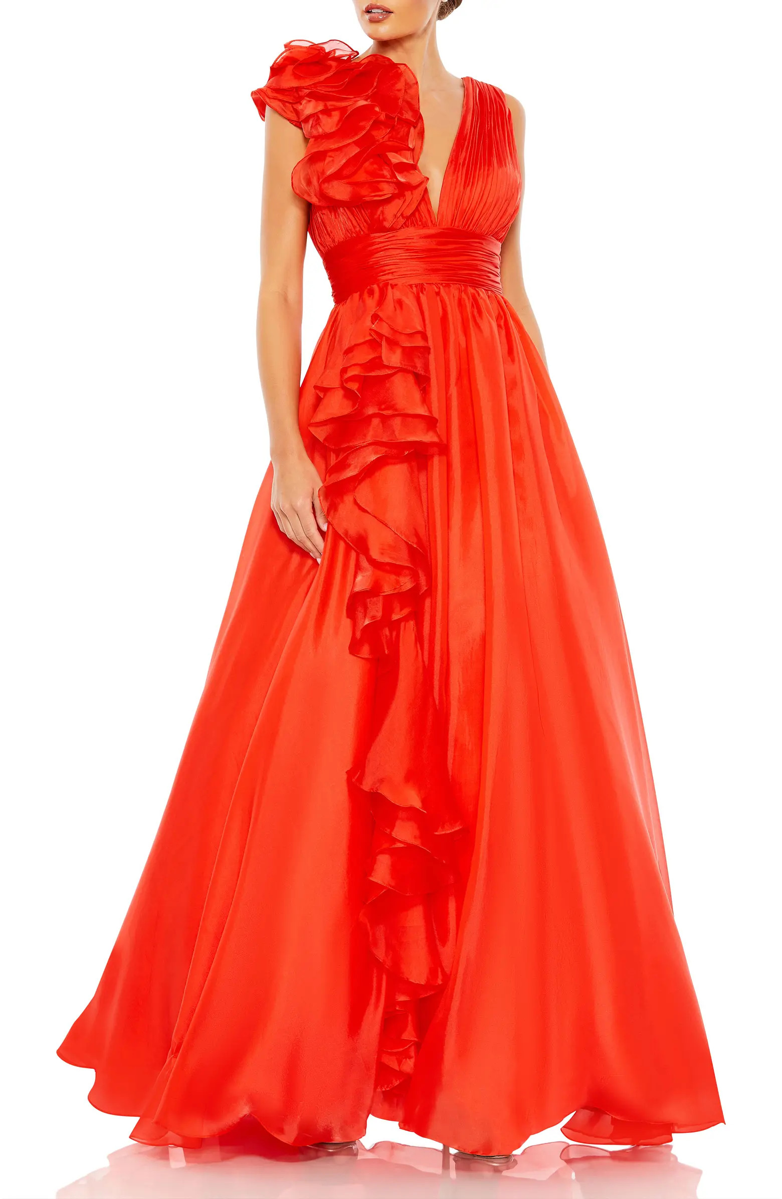 Ruffle Shoulder V-Neck Chiffon Gown | Nordstrom