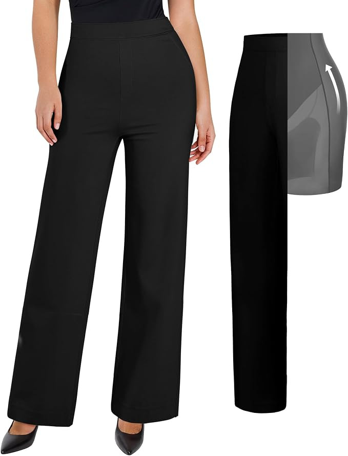 Popilush Dress Pants for Women Tummy Control 2 in 1 Work Slack High Waisted Wide Leg with Pockets... | Amazon (US)