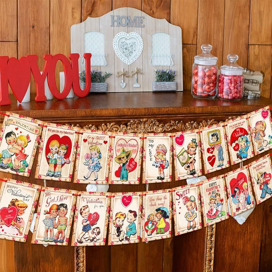 Valentines Day Decorations Vintage Valentines Banner Heart Love Hanging Garland for Happy Valenti... | Amazon (US)