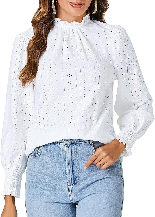 Aossfre Women's Mock Neck Knitted Jacquard Eyelet Shirred Ruffle Long Sleeve Blouses Top | Amazon (US)