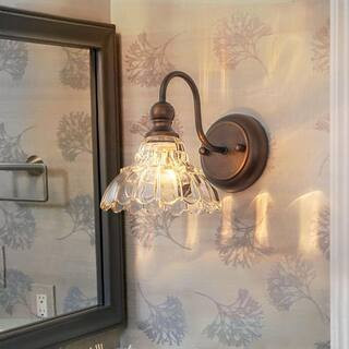 6.7 in. 1-Light Antique Bronze Vintage Bathroom Vanity Light with Flower Glass Shade | The Home Depot