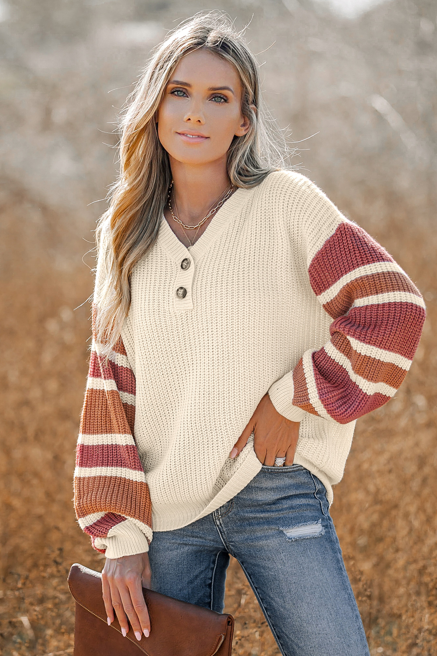 V-Neck Buttoned Striped SweaterNew | Cupshe US