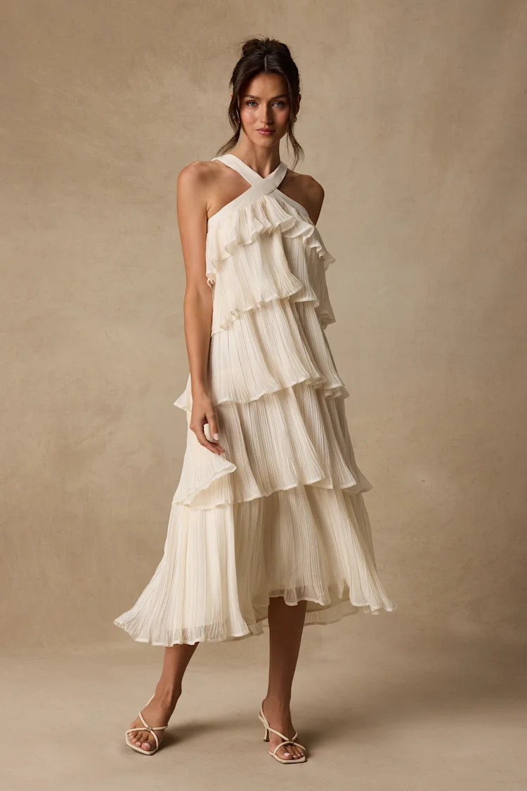 Lauretta Ivory Plisse Tiered Midi Dress | Lulus