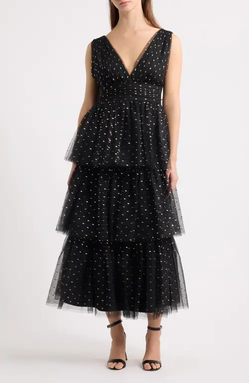 Lulus Sleeveless Foil Tiered Midi Dress in Black/gold/silver at Nordstrom, Size Medium | Nordstrom