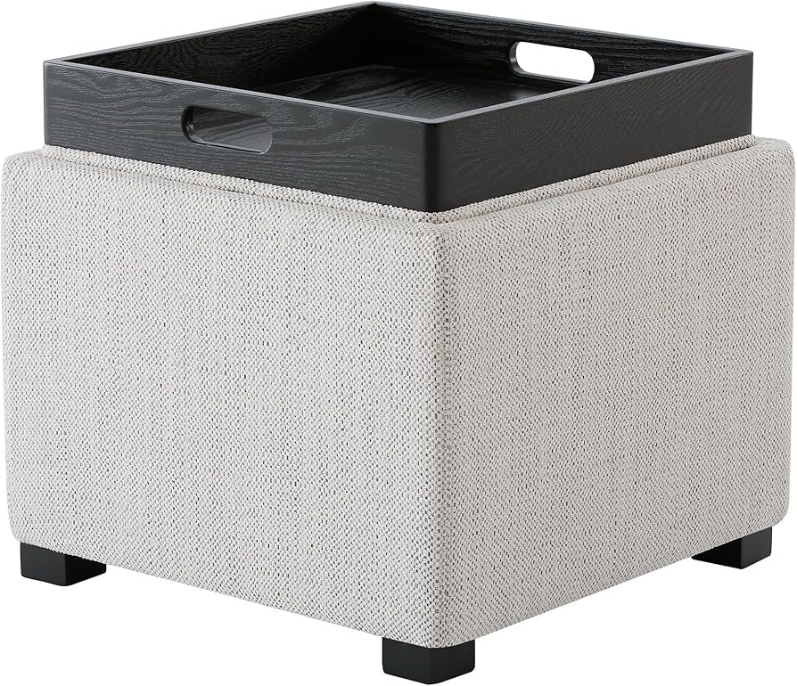 CHITA Storage Ottoman Cube with Tray,Footrest Stool Seat Serve as Side Table, Fabric in Ivory | Amazon (US)