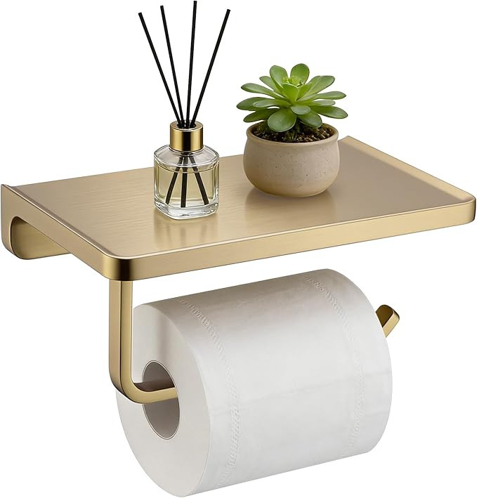 Toilet Paper Holder with Shelf & Phone Stand | Brushed Gold Bathroom Storage, Solid Zinc Alloy, W... | Amazon (US)
