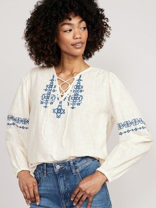 Lace-Up Embroidered Poet Blouse for Women | Old Navy (US)