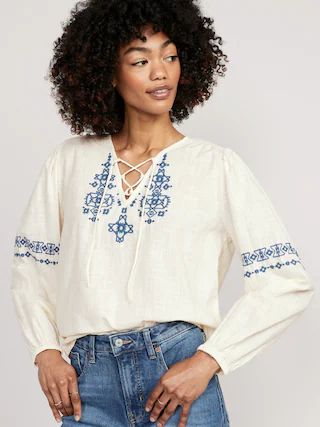 Lace-Up Embroidered Poet Blouse for Women | Old Navy (US)