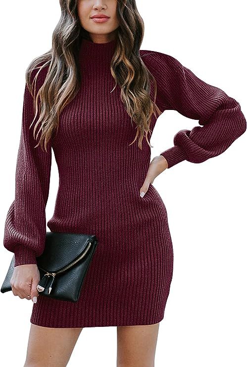 ANRABESS Womens Turtleneck Long Sleeve Slim Bodycon Pullover Sweater Dress A145jiuhong-M Wine Red... | Amazon (US)