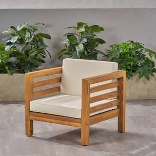 Noble House Oana Teak Brown Removable Cushions Wood Outdoor Lounge Chair with Beige Cushions 6591... | The Home Depot