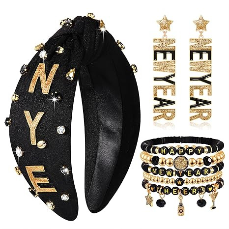 Happy New Year Headbands for Women 2025 New Year’s Eve Heishi Bracelets Glitter Star Earrings N... | Amazon (US)