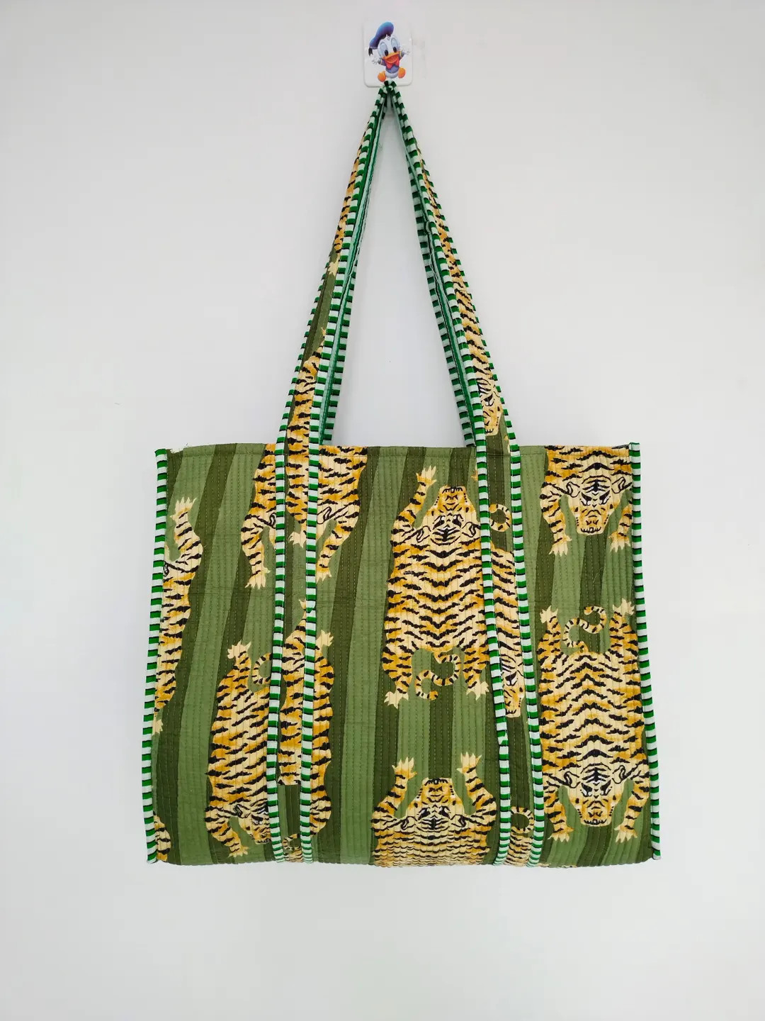 Green Tiger Print Cotton Tote Bag Eco Friendly Sustainable Sturdy Grocery Shopping Tote Bag Handm... | Etsy (US)