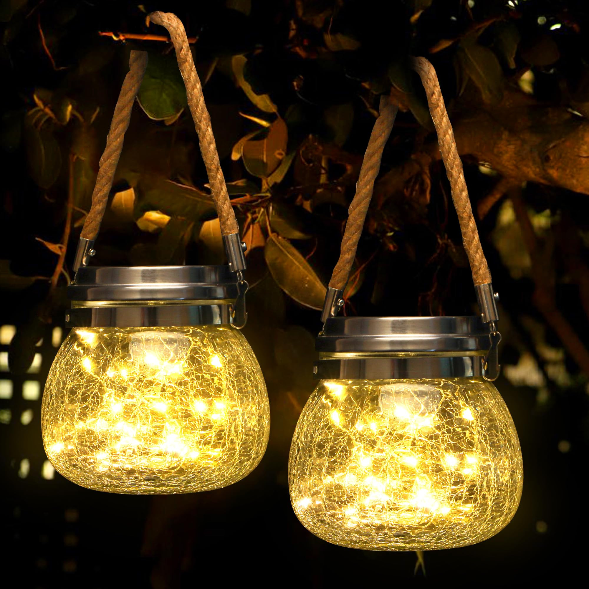 Solar Lantern Outdoor Waterproof, 2Pack Crackle Glass Ball Solar Hanging Lanterns, Warm White LED... | Amazon (US)