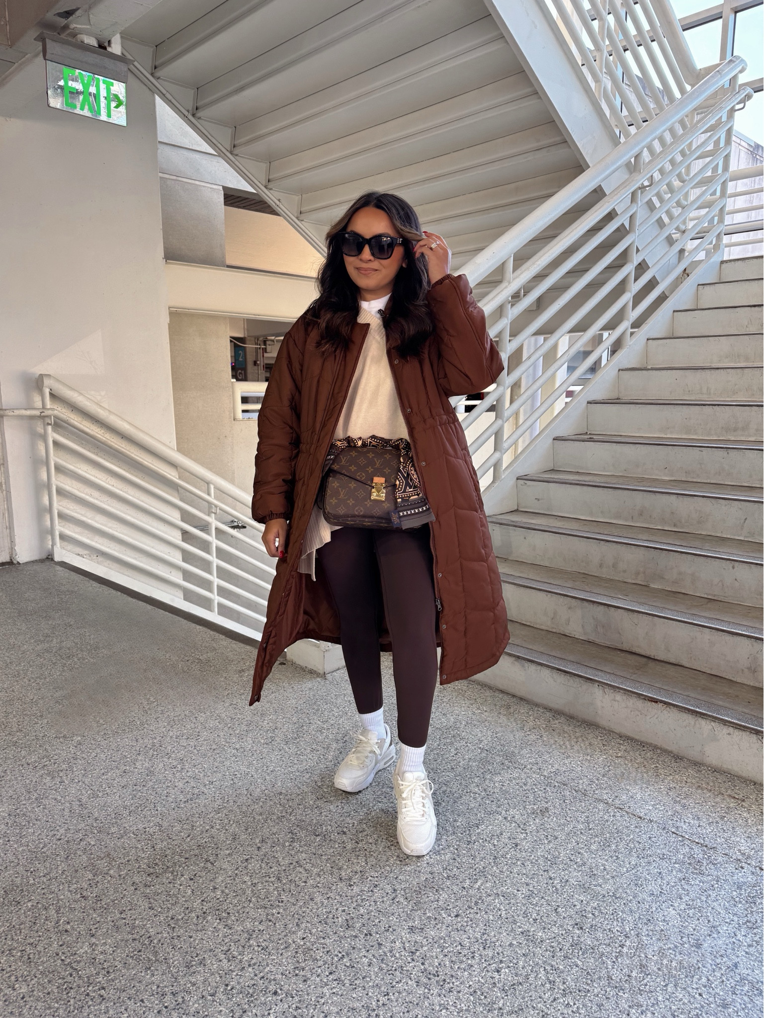 Brown quilted coat size xs TTS
White tee old, similar linked
Cream sweater size small - roomy fit, code HONEYSAVE30 for 30%
Brown leggings size 6 - I size up two sizes in this brand
Brown and white sneakers size 6.5 TTS 