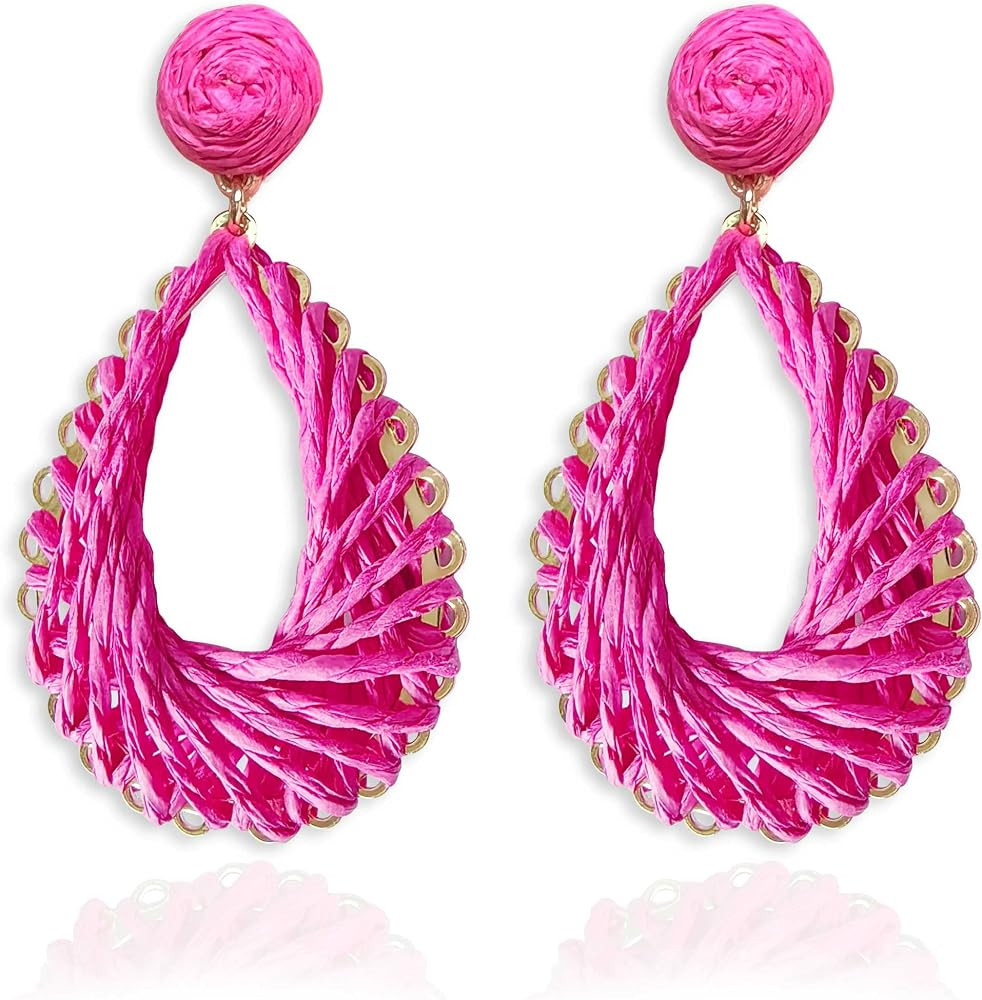 Boho Rattan Drop Earrings Women Raffia Teardrop Earrings Dangle Handmade Hot Pink Summer Earrings... | Amazon (US)