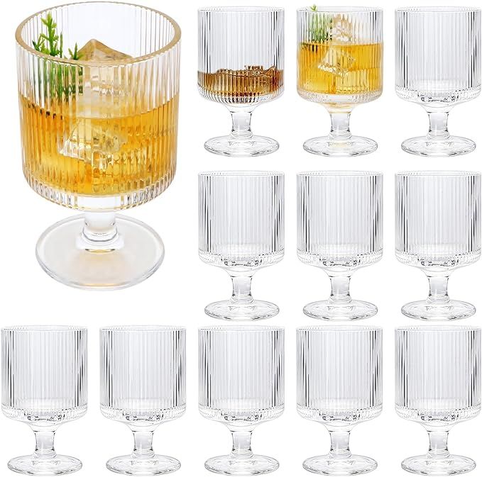 Ufrount Vintage Ribbed Wine Glasses Set of 12,Clear 8oz All Purpose Water Goblet,Origami Style Sh... | Amazon (US)