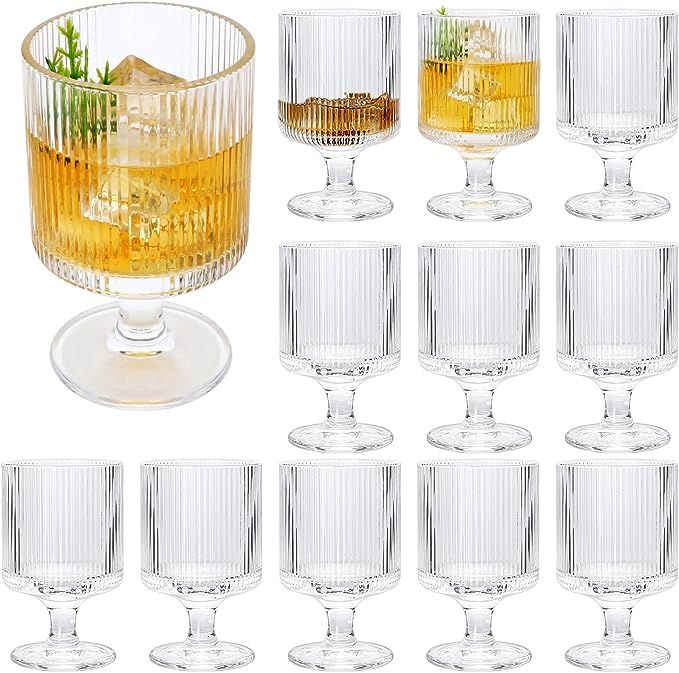 Vintage Ribbed Wine Glasses Set of 12,Clear 8oz All Purpose Water Goblet,Origami Style Short Stem... | Amazon (US)