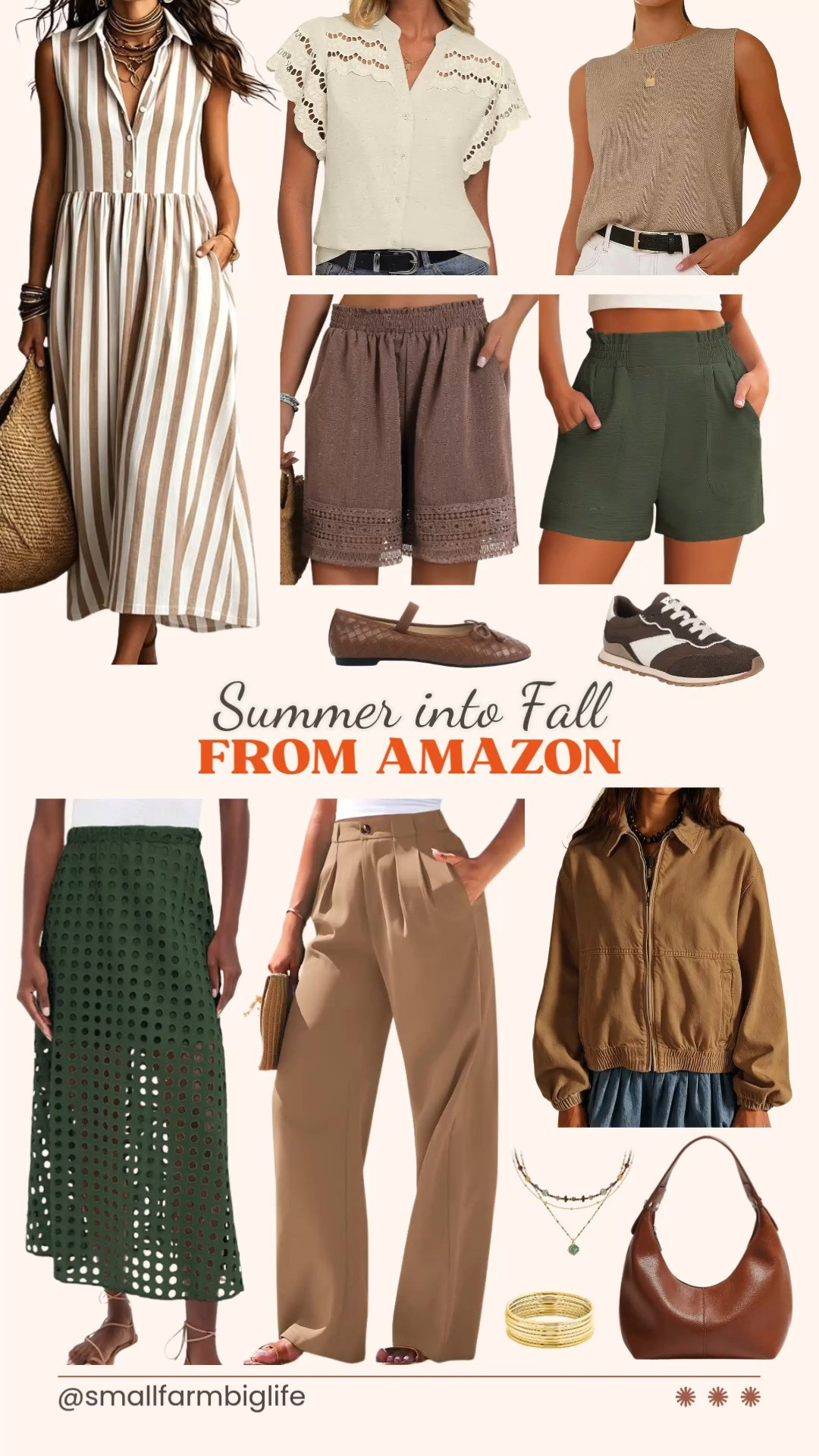 These summer into fall Amazon finds are perfect for the transitional season ahead, easy pieces that work right now and carry you straight into fall. My LTK has all of these linked and ready to shop.
For dresses and skirts, I am loving the tan and white striped boho maxi dress, the army green cotton eyelet beach maxi skirt, and the khaki wide leg palazzo dress pants for an easy office friendly option. The army green elastic waist wide leg shorts and the brown lace trim lounge shorts are both great casual pieces too.
For tops and layers, the beige cotton linen eyelet blouse and the khaki sleeveless sweater tank are perfect for warm days, and the light brown denim bomber jacket is an easy layer for cooler evenings. For shoes, the brown lace up shoes and the light brown woven bow ballet flats round things out nicely.
For accessories, I am loving the cognac vegan leather hobo handbag, the boho layered beaded necklace, and the glossy thin bangle bracelet set.
Shop all of my summer into fall Amazon favorites linked in this post. 

 #LTKgrwm #LTKootd #LTKOver40