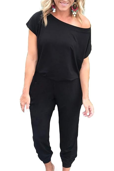 Women's Loose Solid Off Shoulder Elastic Waist Stretchy Long Romper Jumpsuit with Pockets | Amazon (US)