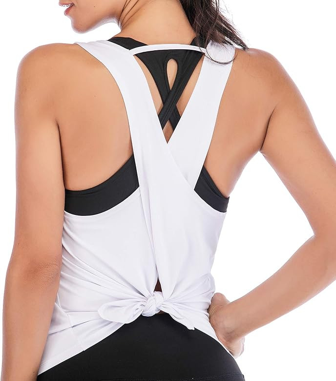 DREAM SLIM Women Cute Sexy Yoga Shirts Tie Back Loose Workout Sports Racerback Crop Tank Tops | Amazon (US)