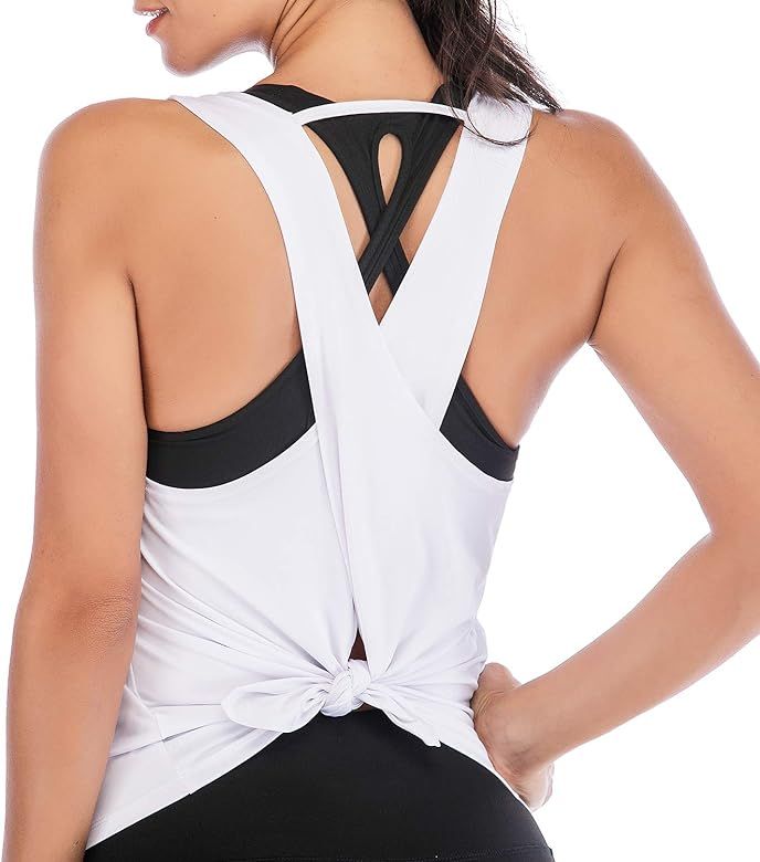 DREAM SLIM Women Cute Sexy Yoga Shirts Tie Back Loose Workout Sports Racerback Crop Tank Tops | Amazon (US)