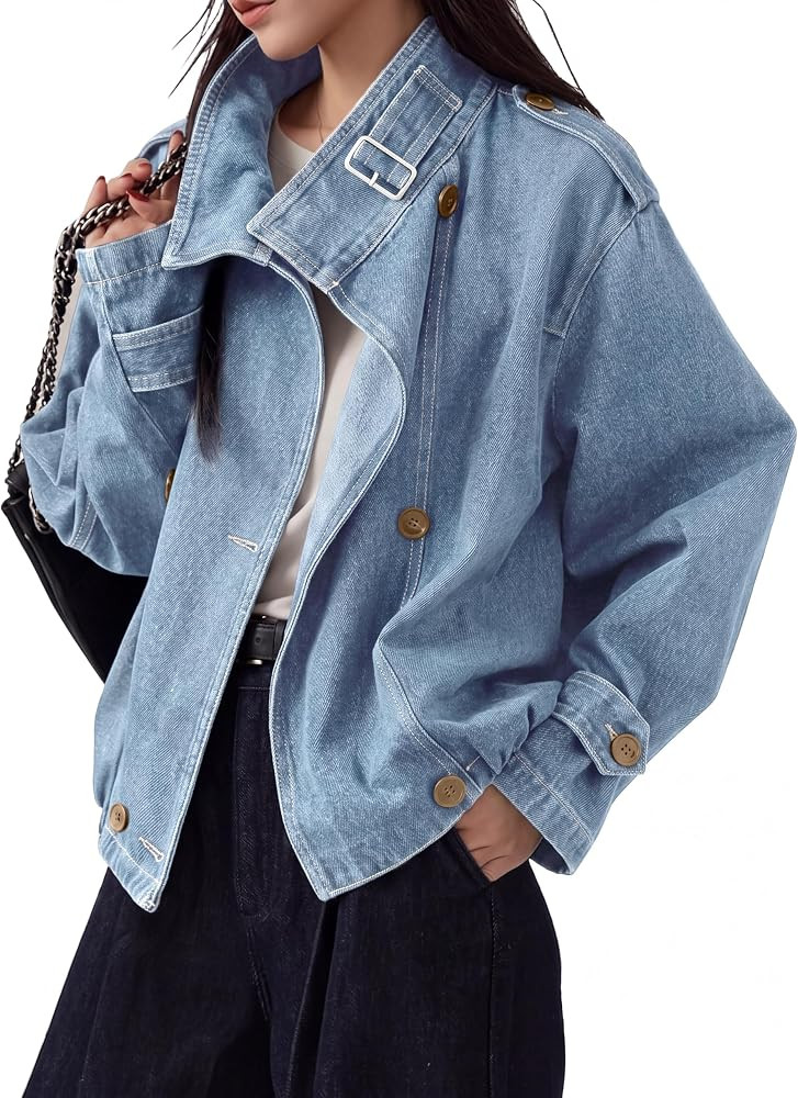 COCCKO Womens Jean Denim Jacket Oversized Funnel Neck Button Up Casual Coat | Amazon (US)