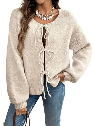 ZAFUL Women's Tie Front Cardigan Sweater Knotted Long Sleeve Knitwear Frenchy Oversized Cardigan Apricot L | Amazon (US)