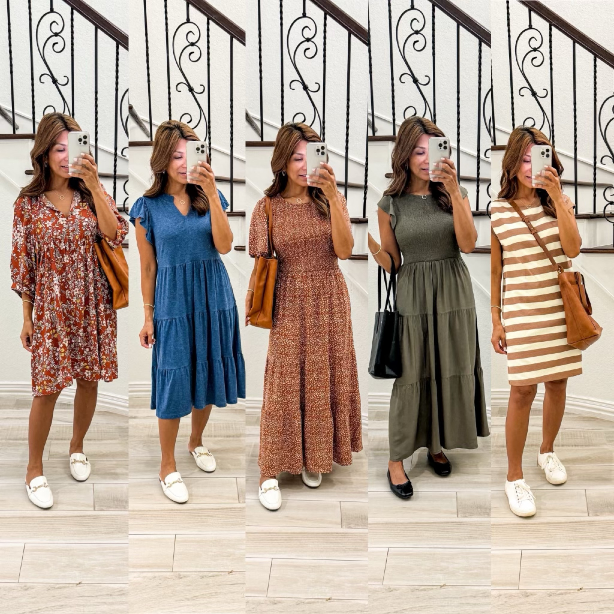 A week of Teacher’s Outfits, Dress Edition.
Outfit 1: dress in small, has pockets, color is Brown.
Outfit 2: dress in small, has pockets; color is Blue.
Outfit 3: dress in small, color is Brown
Outfit 4: dress in small, has pockets, color is Army Green.
Outfit 5: dress in small; has pockets; color is
White mule fit tts.
Black ballet style shoes size down.
White sneakers(very comfy) fit tts.
Crossbody tote bag is medium(Madewell).
Amazon tote bags in 3A Dark Brown and Black. 
Teacher’s outfits, Amazon finds, summer outfits, fall fashion ,fall outfits, fashion over 50, midlife fashion, petite fashion, business casual, work from home outfits, wfh outfits, casual office, workwear work outfits. 


#LTKOver40 #LTKFindsUnder50 #LTKStyleTip