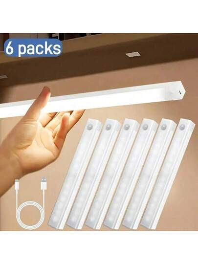 6 Pcs Rechargeable Magnetic LED Under Cabinet Lights - Motion Sensor, USB Powered White Lighting, Easy Installation Detachable For Wardrobe Office Kitchen | SHEIN