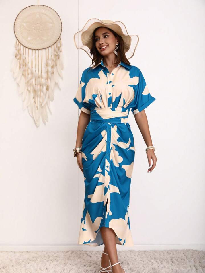 Women Floral Print Pleated Shirt Dress For Summer | SHEIN