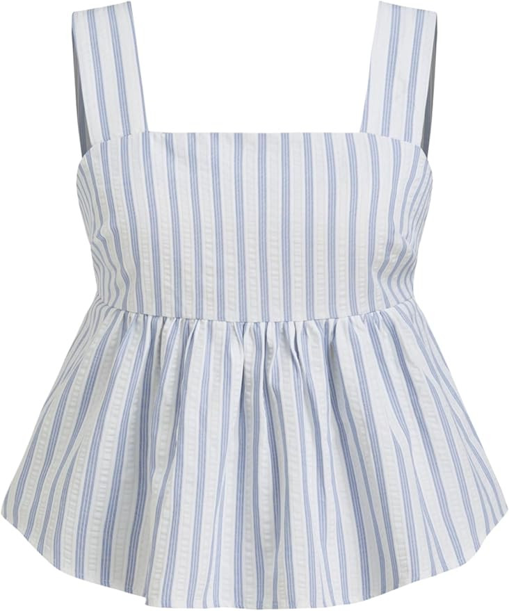 CIDER Shirts for Women Striped Bow Ruffle Cami Top Square Neck Sleeveless Cotton Blend Tie Back C... | Amazon (US)