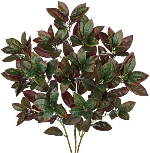 33" Artificial Croton Leaves Stems for Floral Arrangements, 3 Pcs Faux Leaves Branches with Red &... | Amazon (US)