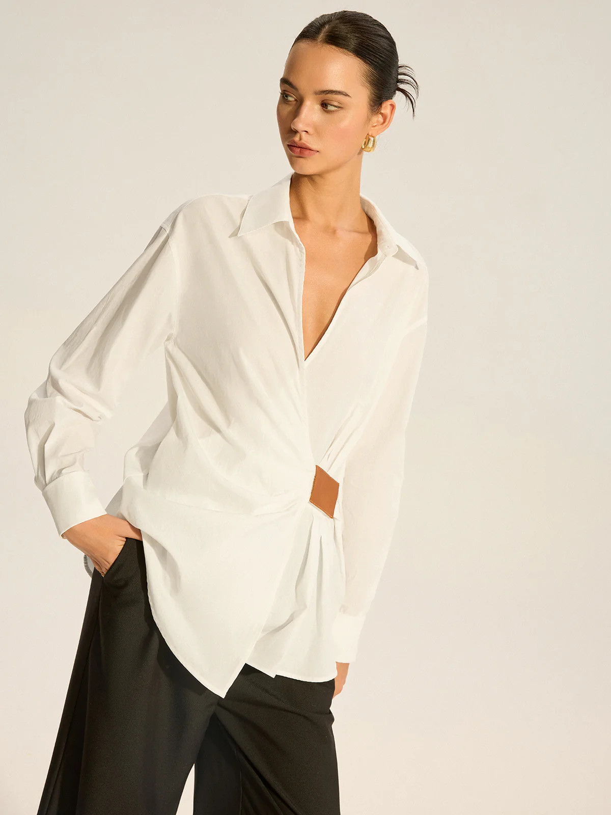 Cotton Ruched Shirt with Faux Leather Detail | Commense