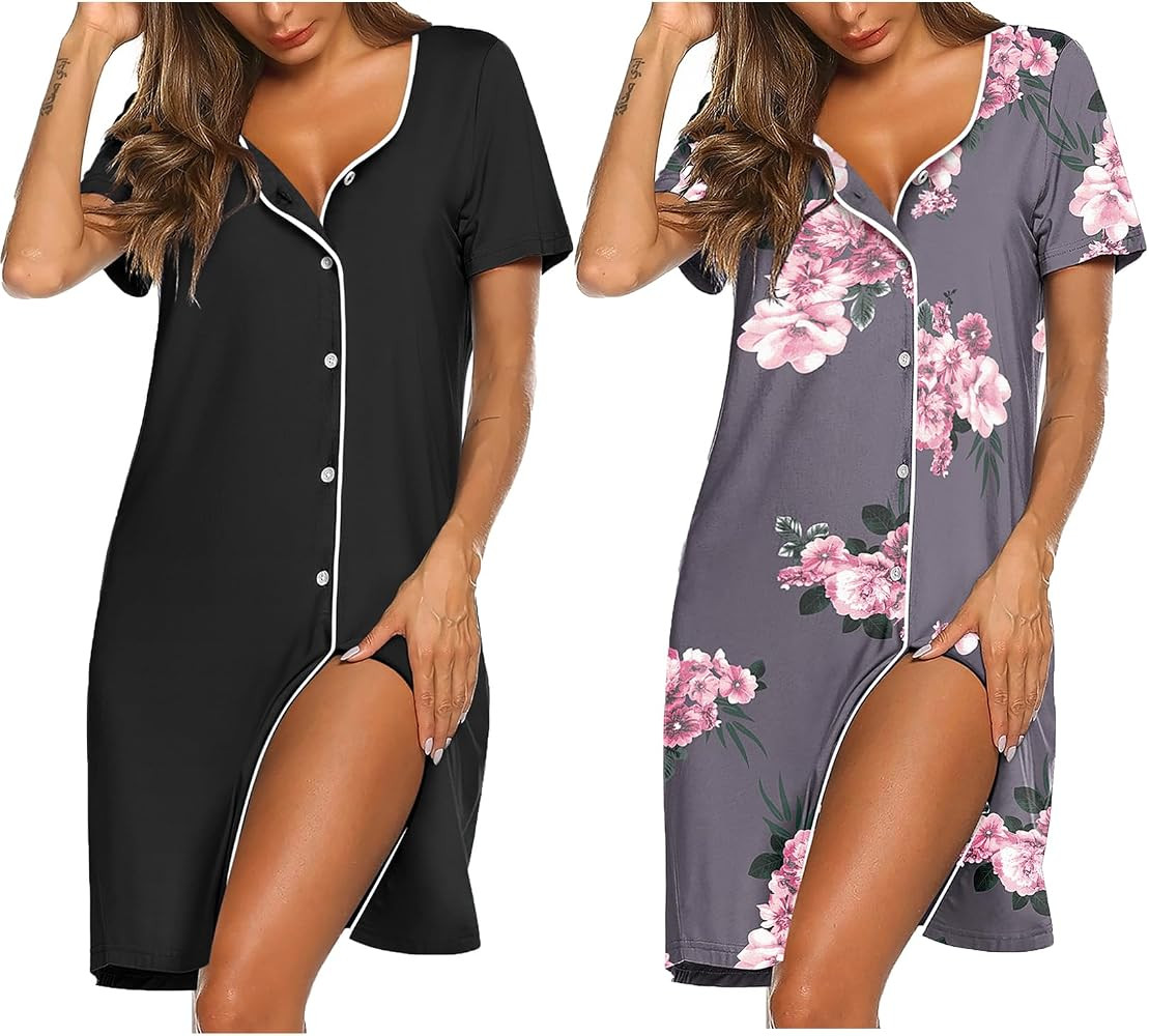 Ekouaer Nightgowns for Women 2 Pack Button Down Sleepshirt Short Sleeve Nightshirt Soft Sleepwear... | Amazon (US)