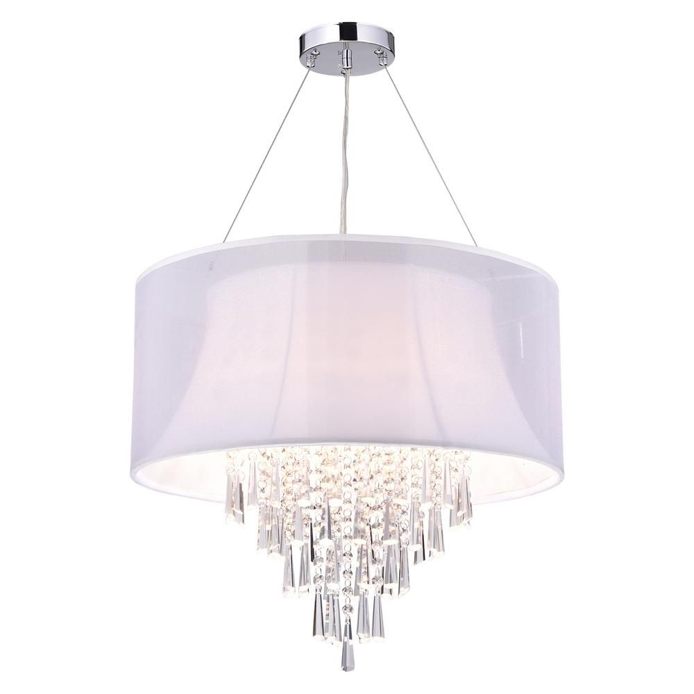 Edvivi 4-Light Chrome Round Crystal Chandelier with White Fabric Drum Shade | The Home Depot