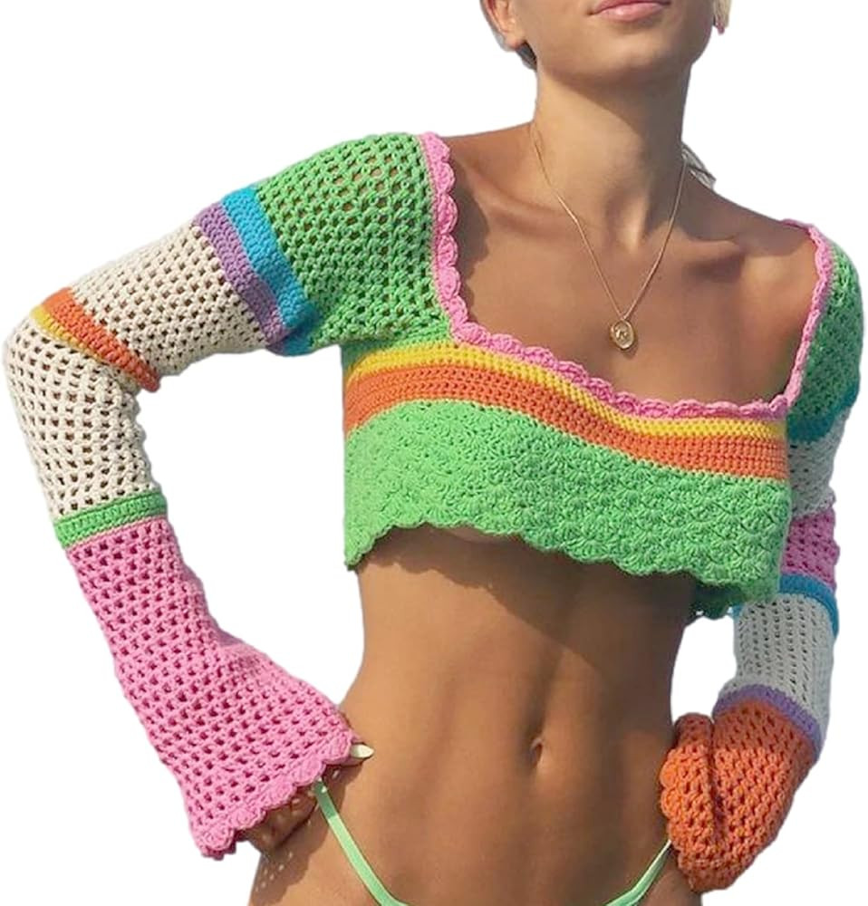 Women Hollow Out Crochet Knit Crop Top Y2k Color Block Pullover Jumper Tops Loose Patchwork Shirt... | Amazon (US)