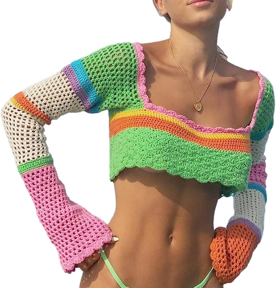 Women Hollow Out Crochet Knit Crop Top Y2k Color Block Pullover Jumper Tops Loose Patchwork Shirts 9 | Amazon (US)