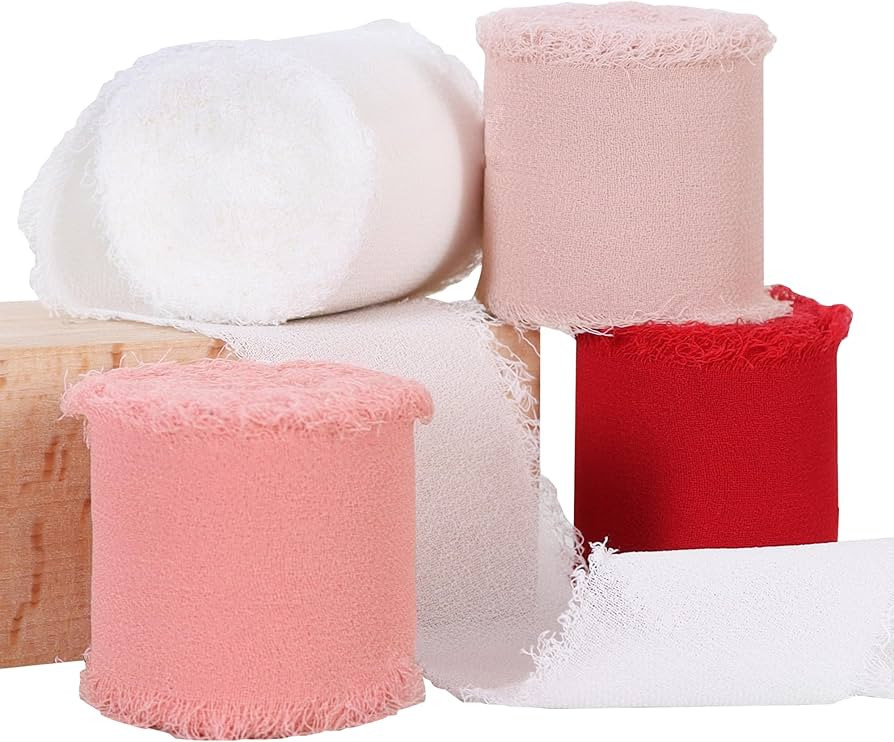 TONIFUL 4 Rolls Silk Chiffon Ribbon 1-1/2 Inch x 22 Yards Red Pink and White Handmade Fringe Vale... | Amazon (US)
