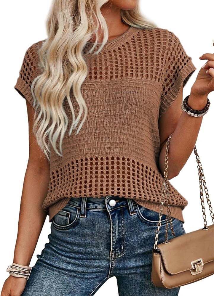 EVALESS Womens Tops Casual Summer Cap Short Sleeve Crochet Hollow Out Knit Sweater Vest Pullover ... | Amazon (US)
