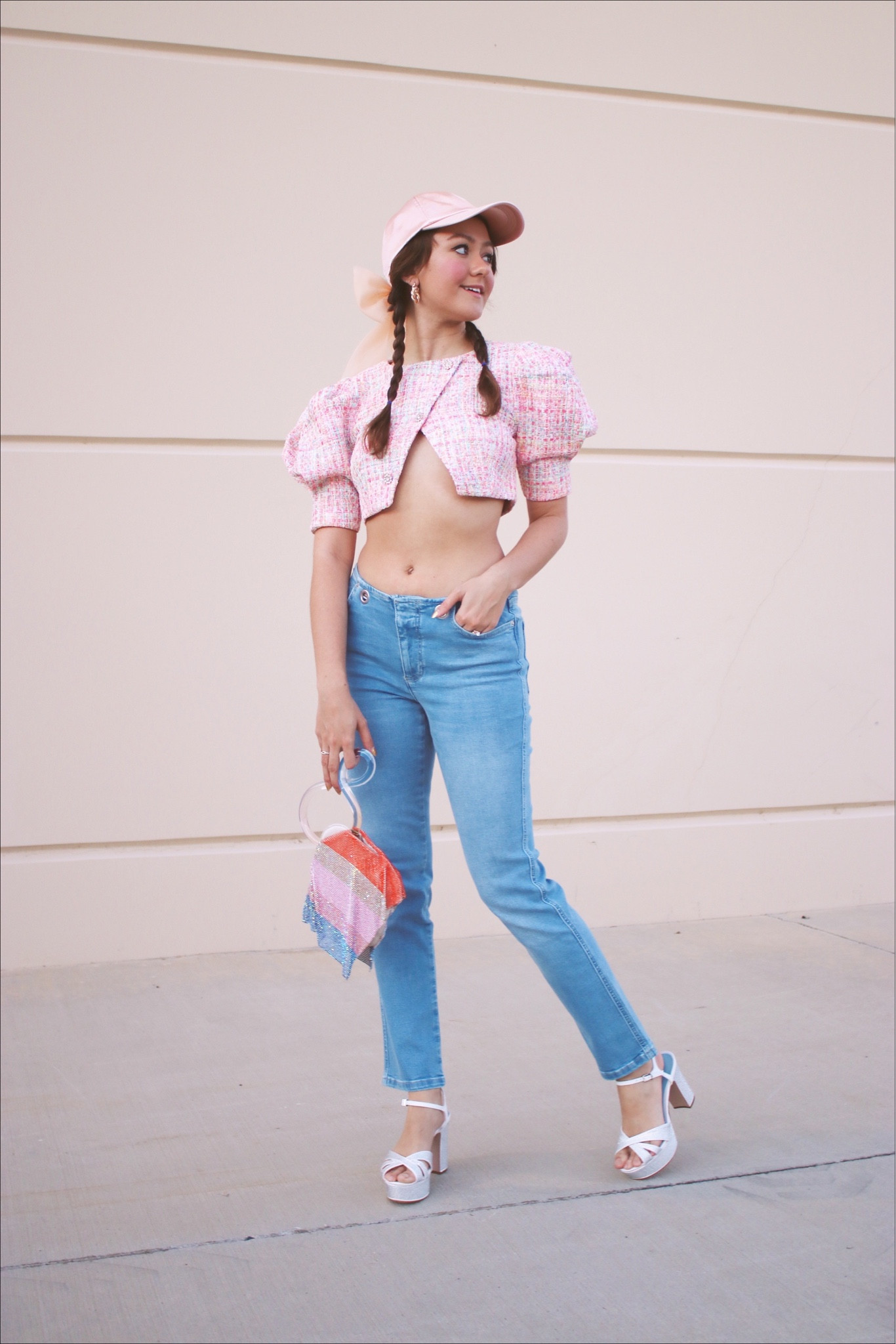 Pink outfit, platform heels, pink hat, rhinestone bag, tweed top, blue jeans

#LTKSale #LTKFind #LTKstyletip
