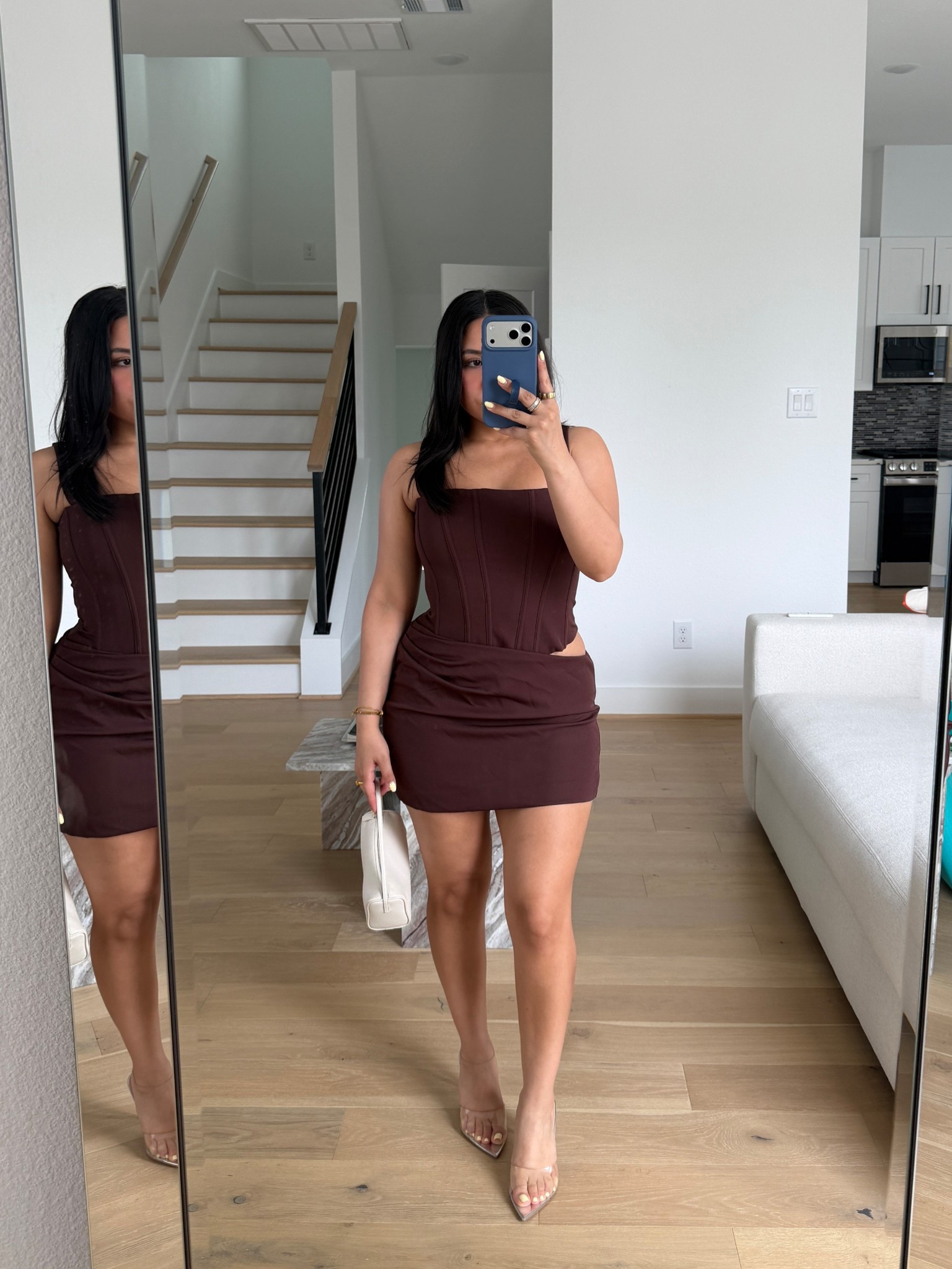 Dress: 6 
Heels: 7 
Mini white bag 

#LTKSeasonal #LTKgrwm #LTKootd