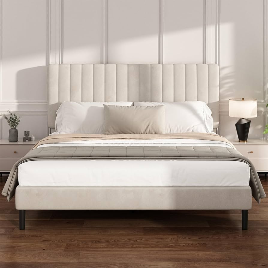 King Size Platform Bed Frame with Vertical Channel Tufted Headboard, No Box Spring Needed, Noise-... | Amazon (US)