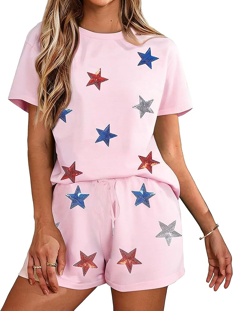 VILOVE 4th of July 2 Piece Sequin Outfits Women 250 Anniversary Usa Shirts and Short Sets Casual ... | Amazon (US)
