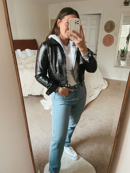 Casual date night outfit 
-vegan black leather jacket 
-Levi jeans 
-gold jewelry 
-white high top converses 

Spring outfit | casual | date night | Taylor Swift Concert 

#LTKFind #LTKSeasonal #LTKFestival