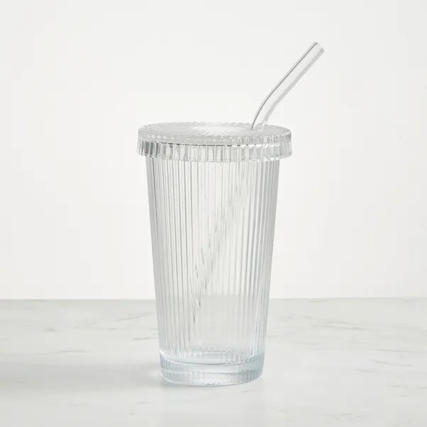Ribbed Clear Glass Iced Coffee Tumbler with Straw | Dunelm